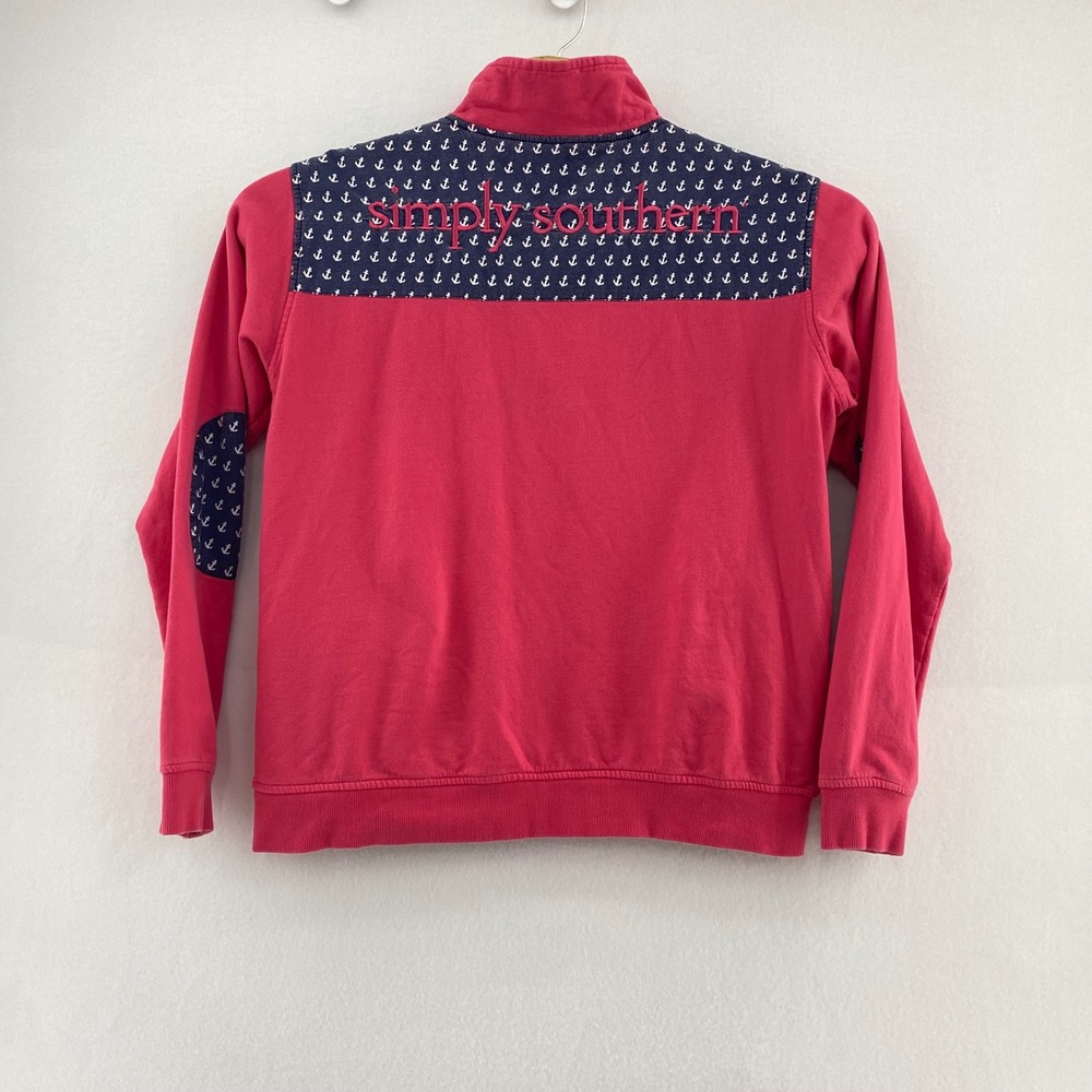 Simply Southern XL Quarter Zip Sweatshirt Pink Navy Anchor Patch Nautical Preppy - Picture 5 of 9